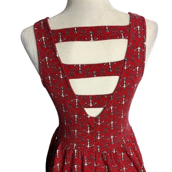Hot Topic Nautical Skater Dress M Red Anchor Sleeveless Back Cutout Stretch Knit - Picture 4 of 7
